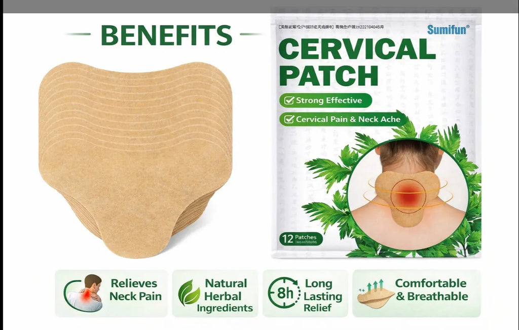 Neck Support Pain Relief Patch for Daily Comfort packaging and patches to relieve neck pain with natural ingredients.