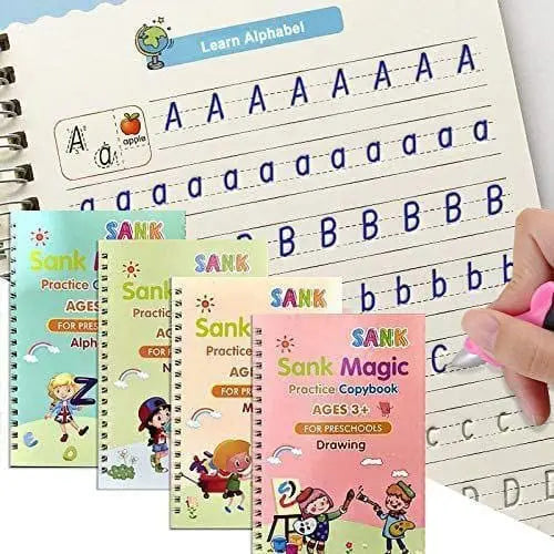 Kids Learning Practice Book with 4 Books 10 Refills 1 Pen & 1 Grip featuring learning pages and colorful covers.