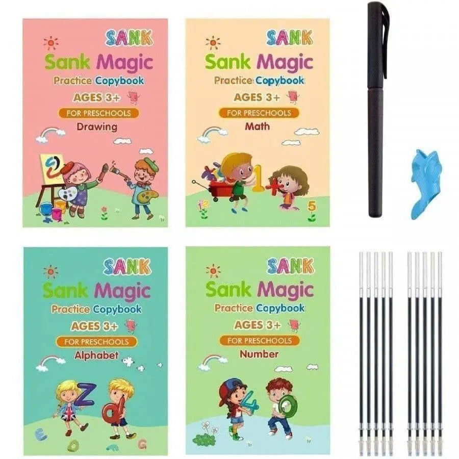 Kids Learning Practice Book with 4 Books 10 Refills 1 Pen & 1 Grip displayed, featuring alphabet, math, drawing, and number books.