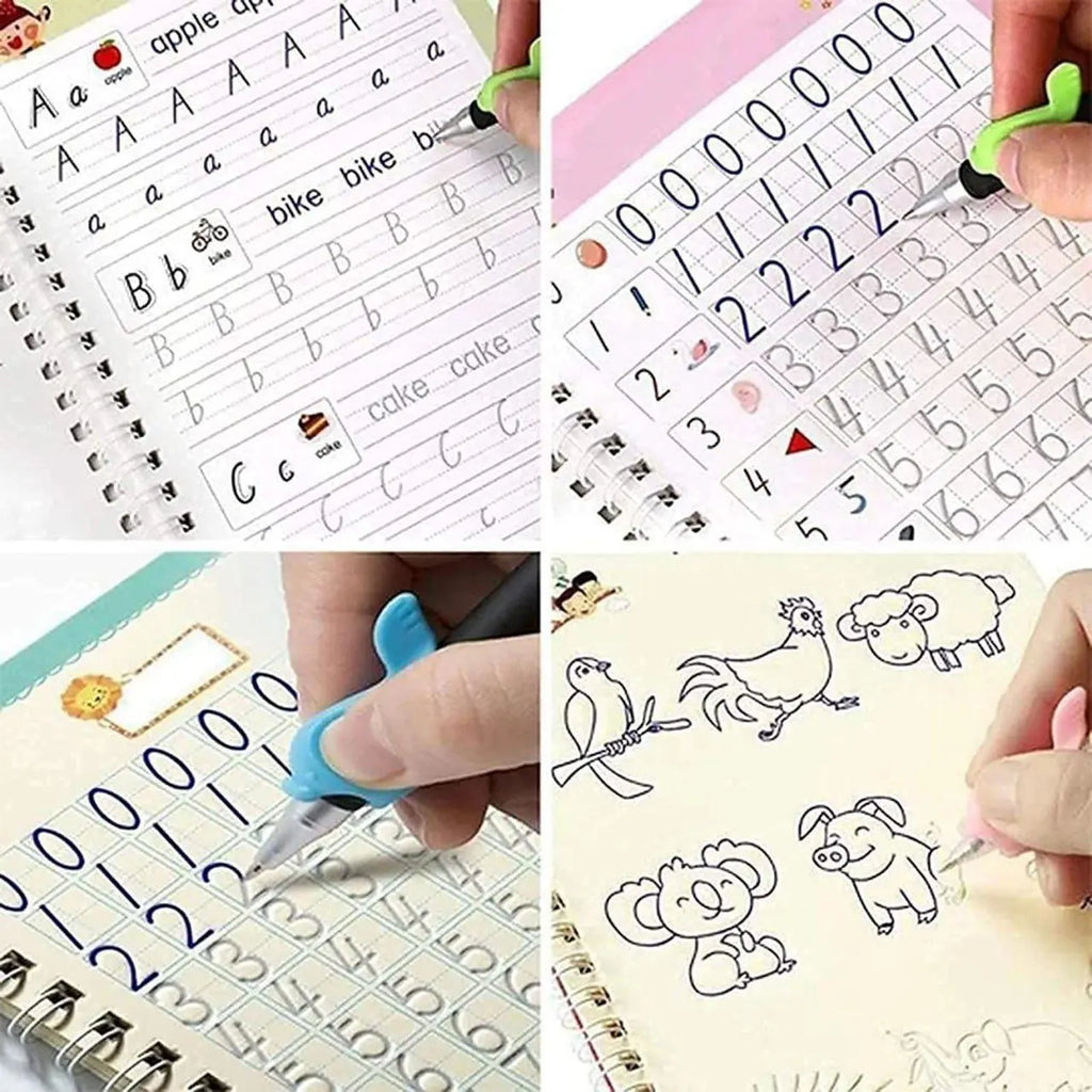 Kids Learning Practice Book with 4 Books 10 Refills 1 Pen & 1 Grip featuring handwriting practice and interactive learning activities.