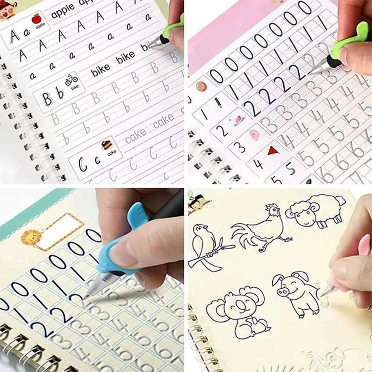 Kids Learning Practice Book with 4 Books 10 Refills 1 Pen & 1 Grip featuring handwriting practice and interactive learning activities.