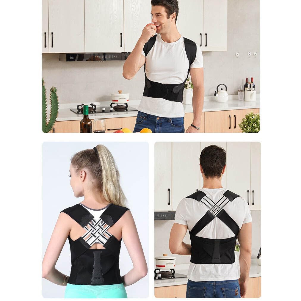 Adjustable Back Support Brace for Better Posture worn by a person in a kitchen setting.