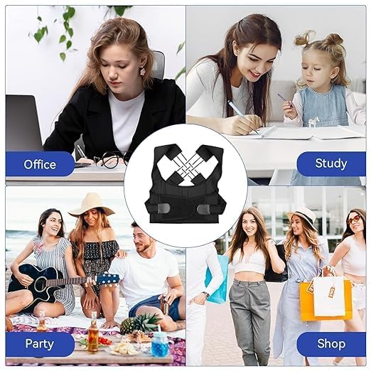 Adjustable Back Support Brace for Better Posture used in office, study, party, and shop settings.